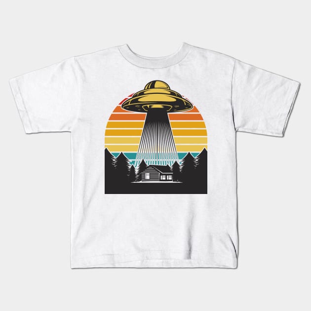 Retro UFO Sunset Kids T-Shirt by perthesun